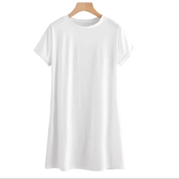 White tee shirt dress t-shirt rolled sleeve - Picture 3 of 4
